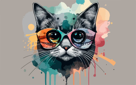 Cute cat with sunglasses and colorful splashes. Vector illustration.のイラスト素材
