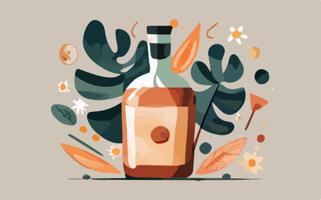 Vector illustration of a bottle of whiskey on a background of tropical leaves.のイラスト素材