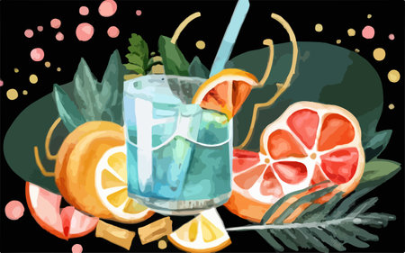 Cocktail with orange, grapefruit and mint. Vector illustrationのイラスト素材
