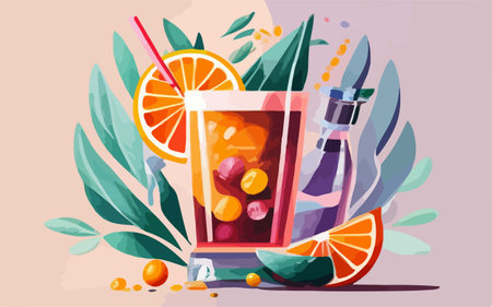 Cocktail with orange, grapefruit and ice. Vector illustrationのイラスト素材