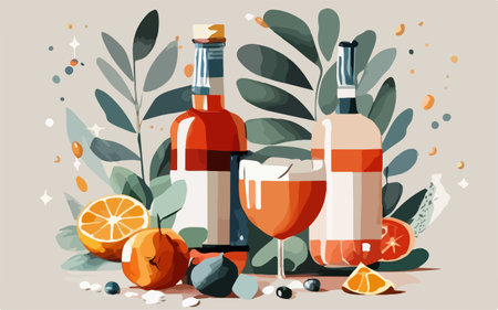 Vector illustration of a bottle of wine, glass of wine, lime, orange, grapefruit and leaves.のイラスト素材