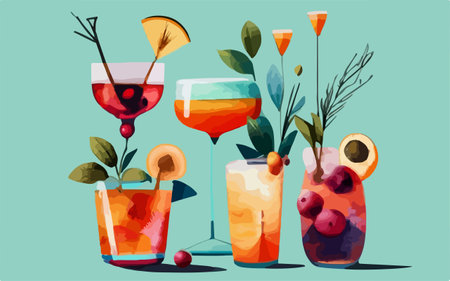 Cocktails with fruits, berries and leaves. Vector illustration.のイラスト素材