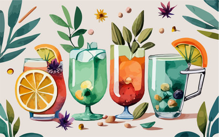 Seamless pattern with cocktails and herbs. Vector illustration in cartoon style.のイラスト素材