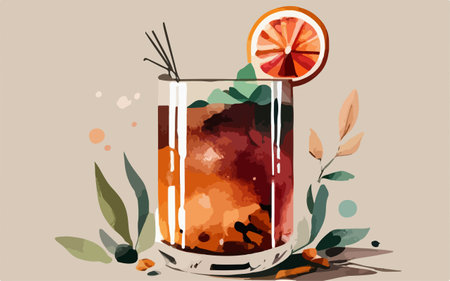 Cocktail with orange, ice and mint. Vector illustration.のイラスト素材