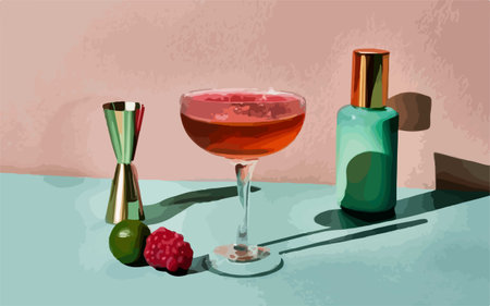 vector illustration of a cocktail in a glass on a table with different accessories
