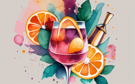 Vector illustration of a glass of wine with a slice of orange on a watercolor backgroundのイラスト素材