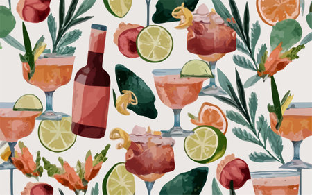 Seamless pattern with cocktails and lime. Hand drawn vector illustration.のイラスト素材