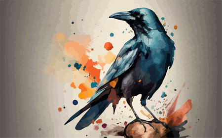 Hand drawn vector illustration of a crow on a background of watercolor splashesのイラスト素材