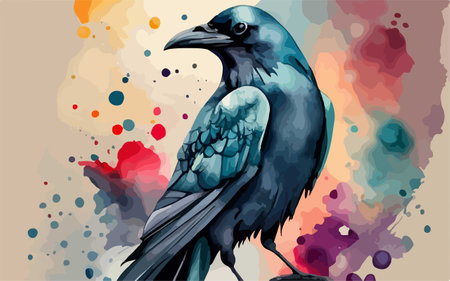 Crow on colorful watercolor background. Hand drawn vector illustration.のイラスト素材