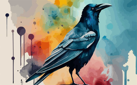 Hand drawn vector illustration of a crow on a watercolor background.のイラスト素材