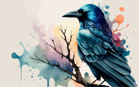 Crow on a tree branch with watercolor splashes, vector illustrationのイラスト素材