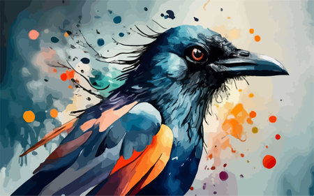 Vector illustration of a crow with watercolor splashes on a backgroundのイラスト素材