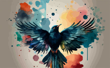 Vector illustration of a crow flying in a colorful watercolor background.のイラスト素材