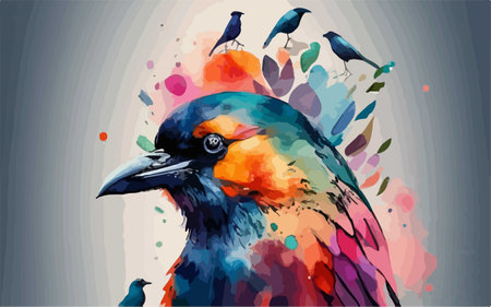 Vector illustration of a colorful bird on a background of watercolor splashesのイラスト素材
