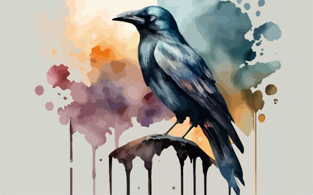 Crow on a background of watercolor splashes. Vector illustration.のイラスト素材