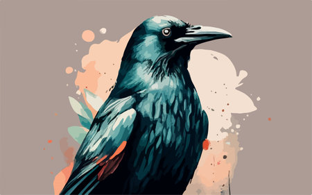 Hand drawn vector illustration of a black crow on a watercolor background.のイラスト素材