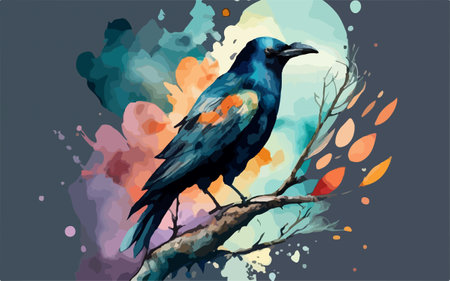 Crow on a branch with watercolor splashes. Vector illustration.のイラスト素材