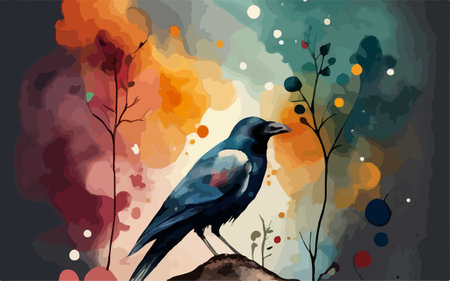 Crow on a background of watercolor splashes. Vector illustration.のイラスト素材