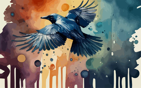 Hand drawn vector illustration of a crow flying over watercolor background.のイラスト素材