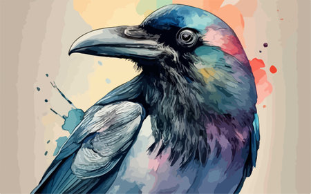 Hand drawn vector illustration of a crow on a watercolor background.のイラスト素材
