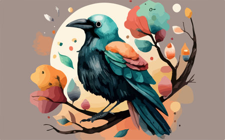 Crow on tree branch with colorful autumn leaves. Vector illustration.のイラスト素材