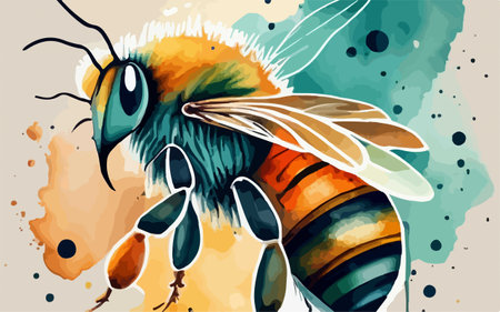 Hand drawn illustration of a bee on colorful watercolor background. Vector illustration.のイラスト素材