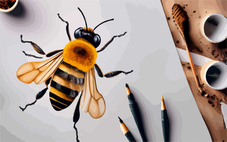 Illustration of a bee and pencils on a white background.のイラスト素材