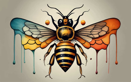 Honey bee on the background of dripping honey. Vector illustration.のイラスト素材
