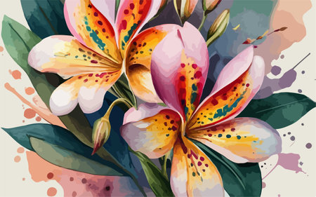 Beautiful lily flowers with watercolor splashes. Vector illustration.のイラスト素材