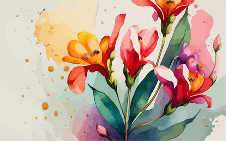 Illustration of watercolor floral background with colorful flowers and leaves.のイラスト素材
