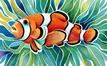 Clownfish on the background of tropical leaves. Vector illustration.のイラスト素材