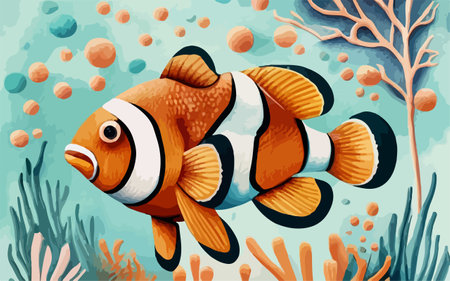 Clown fish swimming in the sea illustration. Cartoon marine life.のイラスト素材
