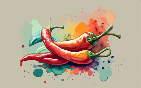 Chili peppers on watercolor splashes background. Vector illustration.のイラスト素材