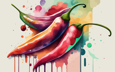 Hot chili peppers on colorful watercolor background. Hand drawn vector illustration.のイラスト素材