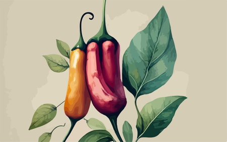 Illustration of red and yellow hot chili peppers with green leaves.のイラスト素材
