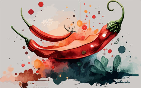 Illustration of hot chili pepper with watercolor splashes and dropsのイラスト素材