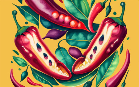 Illustration of chili peppers with leaves and seeds. Hand drawn vector illustration.のイラスト素材