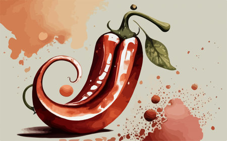 Illustration of red hot chili pepper on watercolor splashes backgroundのイラスト素材