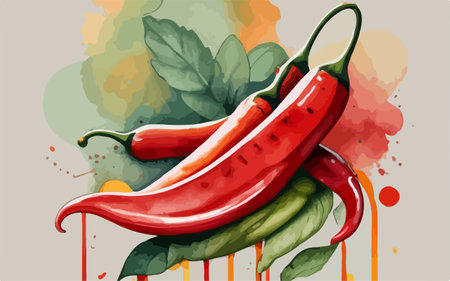 Chili peppers and green leaves on watercolor background. Vector illustration.のイラスト素材