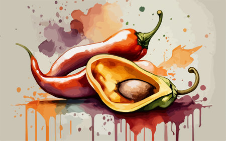Illustration of chilli peppers and avocado on a grunge backgroundのイラスト素材