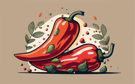Illustration of chili peppers and spices on a brown background. Vector illustrationのイラスト素材