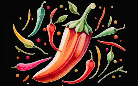 Hot chili peppers on a black background. Vector illustration in watercolor style.のイラスト素材