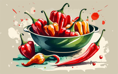 Illustration of red hot chili pepper in a bowl. Vector illustration.のイラスト素材