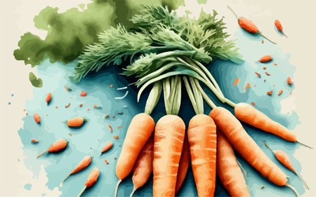 Vector illustration of fresh carrots with leaves and seeds on watercolor backgroundのイラスト素材