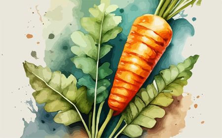 Illustration of fresh carrot with green leaves on watercolor background.のイラスト素材