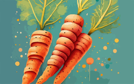 Carrot with leaves on the background of watercolor spots. Vector illustration.のイラスト素材