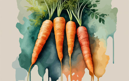 Fresh carrots with green leaves and watercolor splash. Vector illustration.のイラスト素材