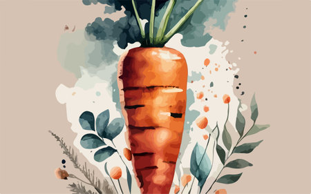 Hand drawn watercolor illustration of a carrot with leaves and splashesのイラスト素材