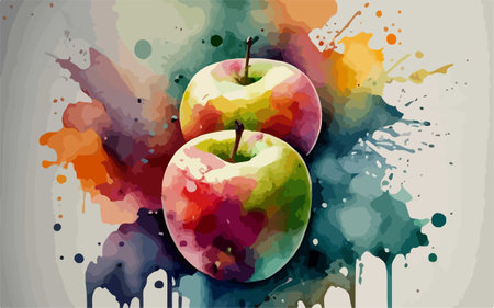 Watercolor background with apples and watercolor splashes. Vector illustration.のイラスト素材