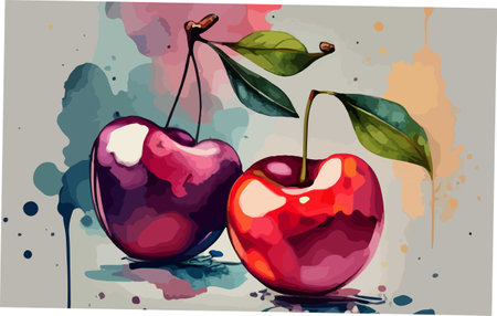 Illustration of two cherries with watercolor splashes on backgroundのイラスト素材
